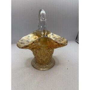 Vintage Marigold 6” Dugan Carnival Glass Weaved Pattern Basket